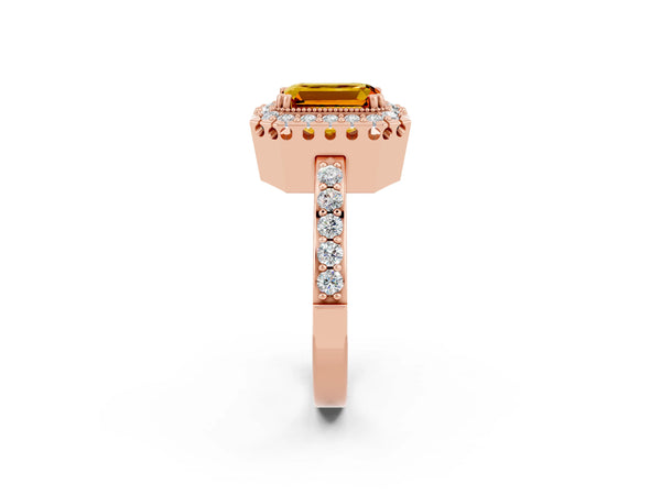 Rose gold Emerald Cut Citrine Halo Ring with Pavé Band and Prong Setting
