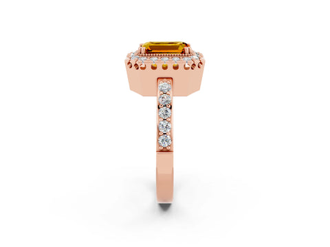 Rose gold Emerald Cut Diamond Halo Ring with Pavé Band and Prong Setting_2