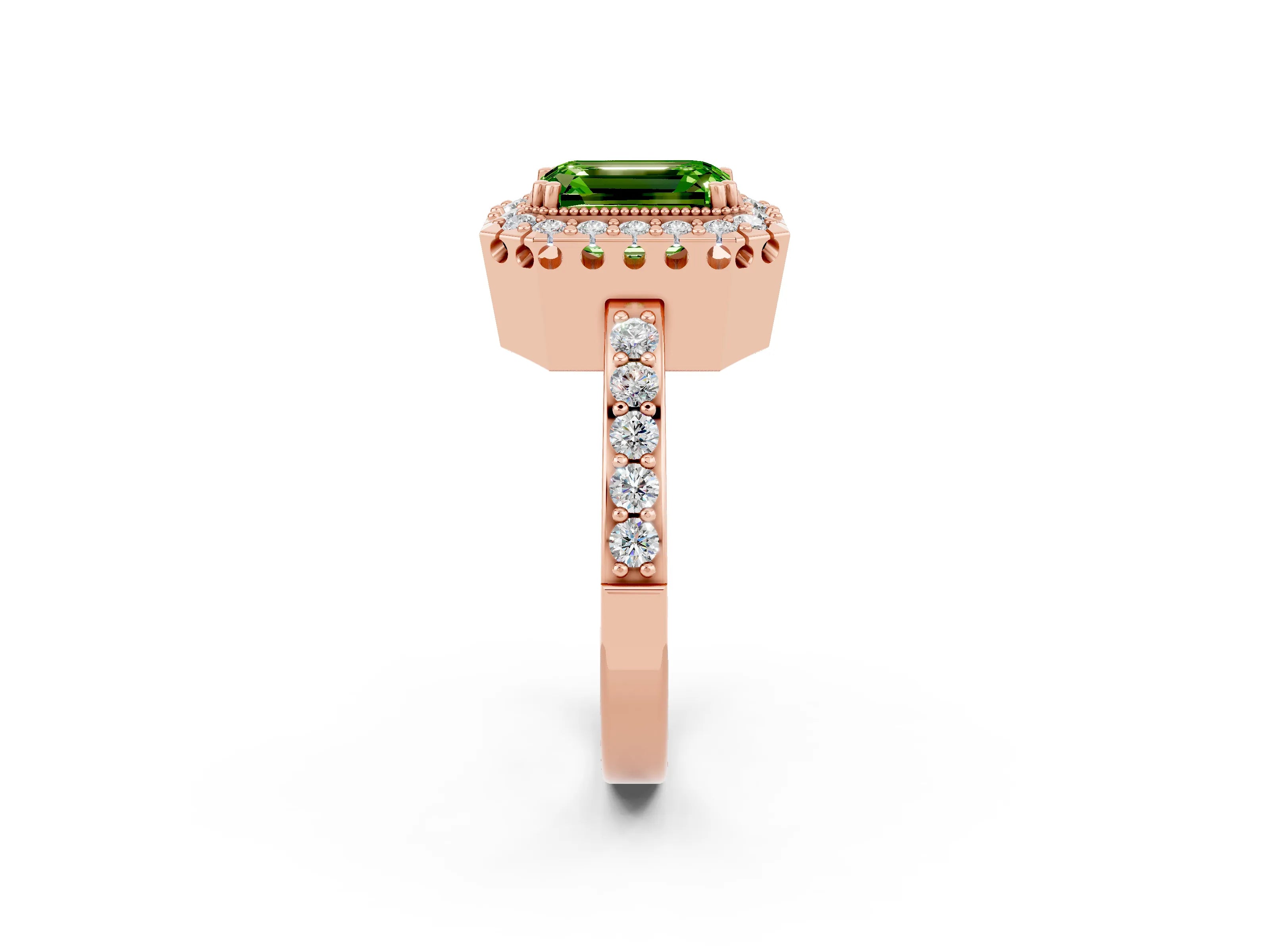 Rose gold Emerald Cut Diamond Halo Ring with Pavé Band and Prong Setting_2