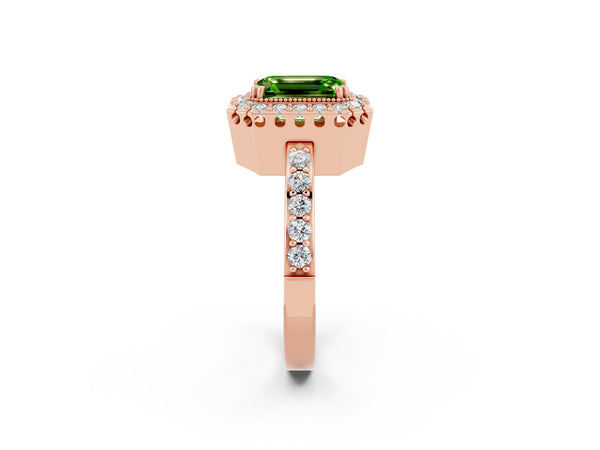Rose gold Emerald Cut Peridot Halo Ring with Pavé Band and Prong Setting