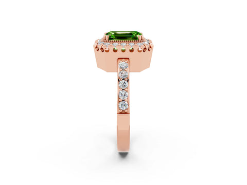 Rose gold Emerald Cut Diamond Halo Ring with Pavé Band and Prong Setting_2