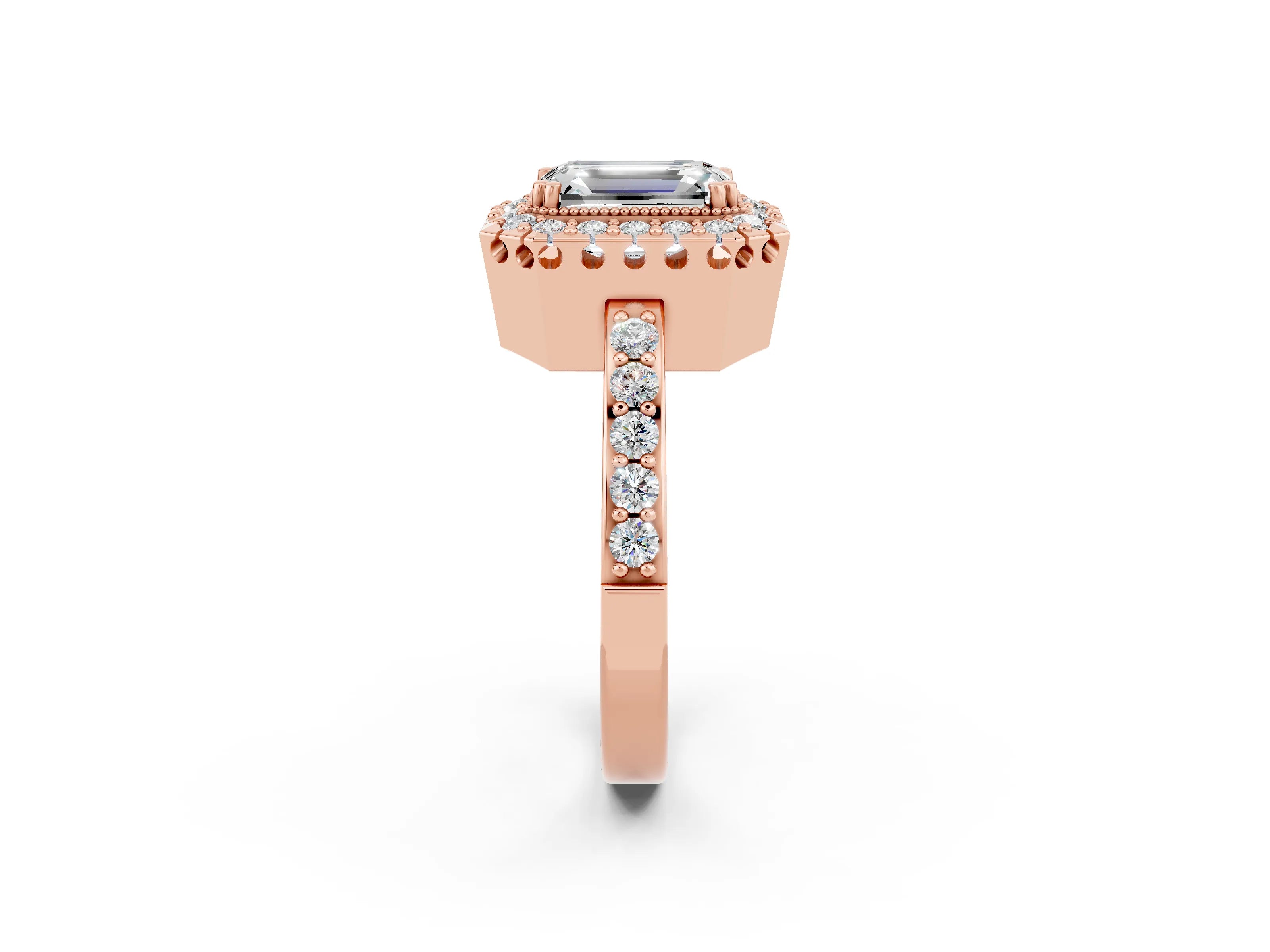 Rose gold Emerald Cut Diamond Halo Ring with Pavé Band and Prong Setting_2