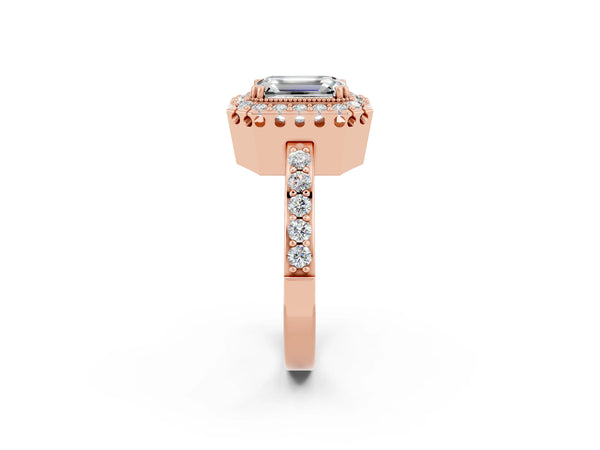 Rose gold Emerald Cut Moissanite Halo Ring with Pavé Band and Prong Setting