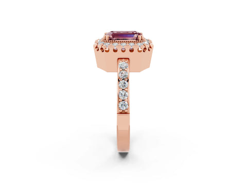 Rose gold Emerald Cut Diamond Halo Ring with Pavé Band and Prong Setting_2