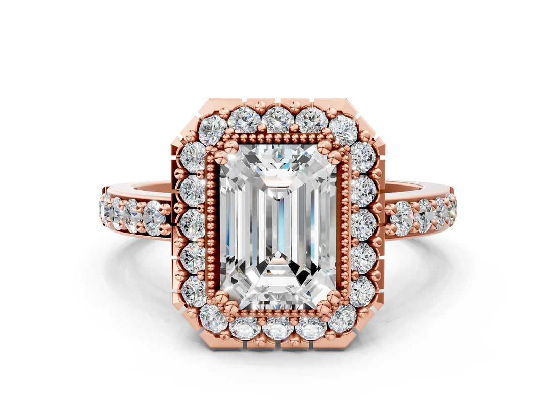 Rose gold Emerald Cut Diamond Halo Ring with Pavé Band and Prong Setting_3