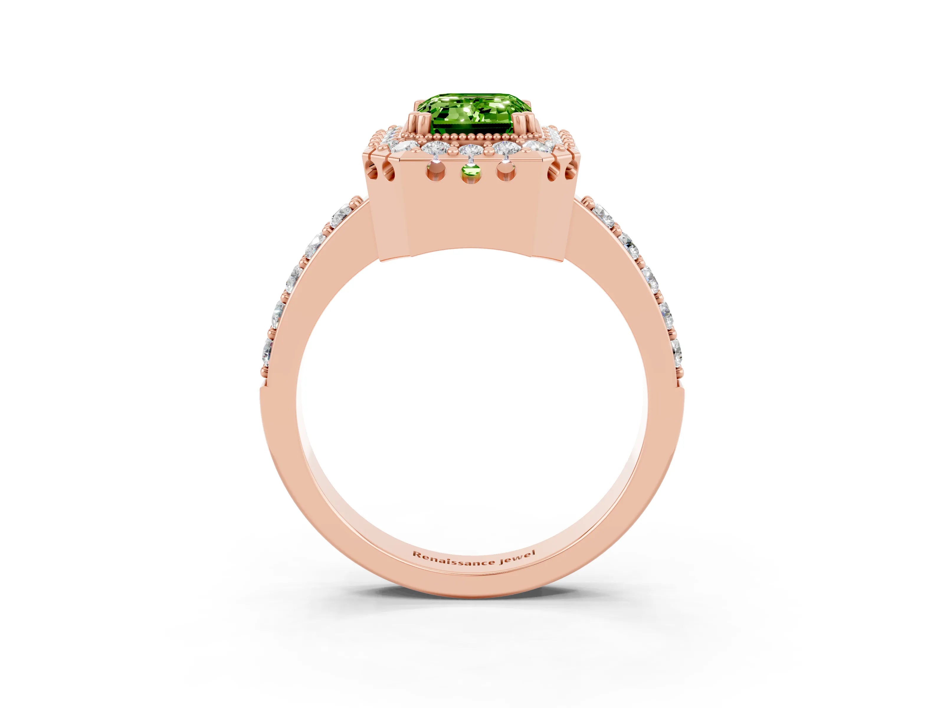 Rose gold Emerald Cut Diamond Halo Ring with Pavé Band and Prong Setting_3