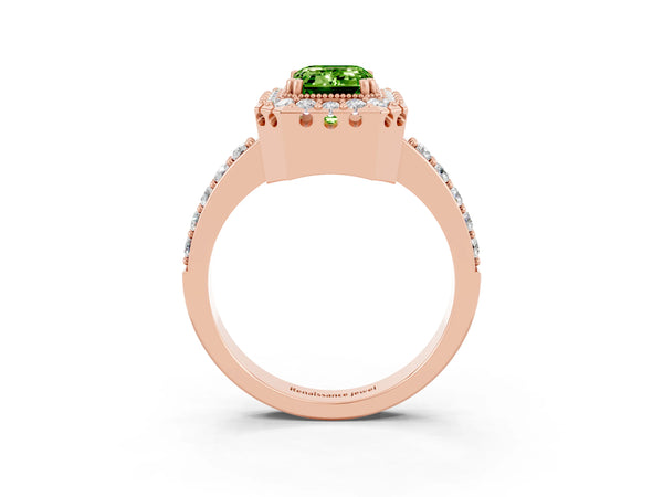 Rose gold Emerald Cut Peridot Halo Ring with Pavé Band and Prong Setting