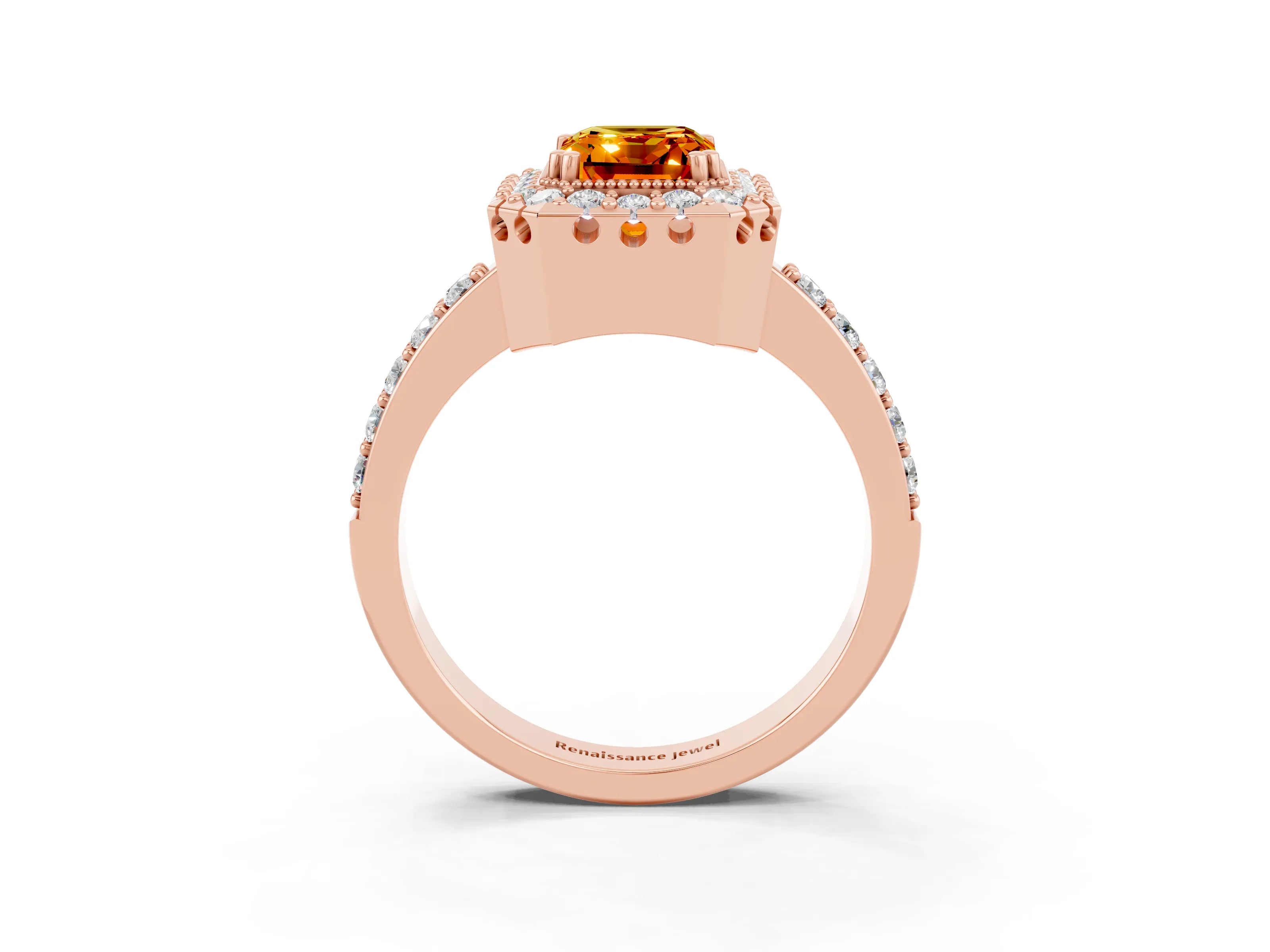 Rose gold Emerald Cut Diamond Halo Ring with Pavé Band and Prong Setting_3