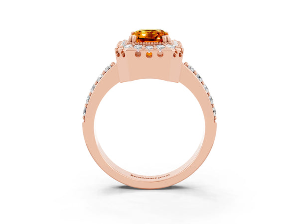 Rose gold Emerald Cut Citrine Halo Ring with Pavé Band and Prong Setting