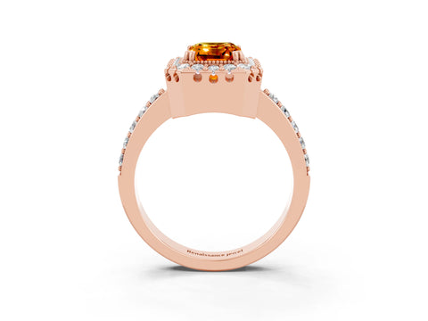 Rose gold Emerald Cut Diamond Halo Ring with Pavé Band and Prong Setting_3