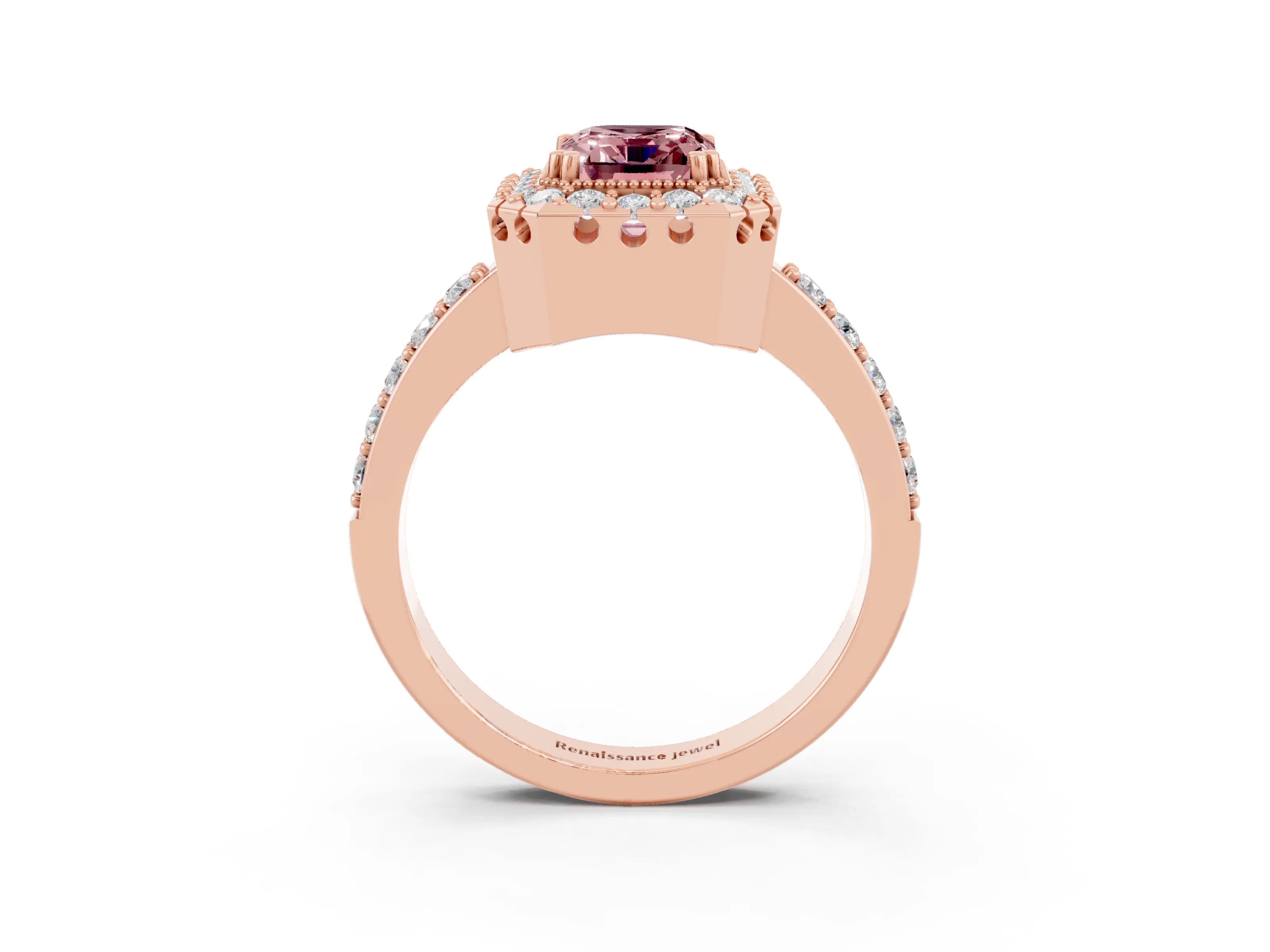 Rose gold Emerald Cut Diamond Halo Ring with Pavé Band and Prong Setting_3