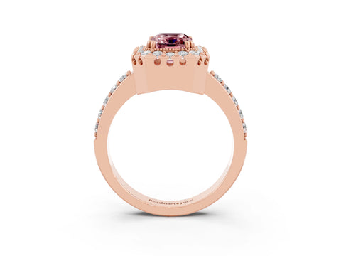 Rose gold Emerald Cut Diamond Halo Ring with Pavé Band and Prong Setting_3