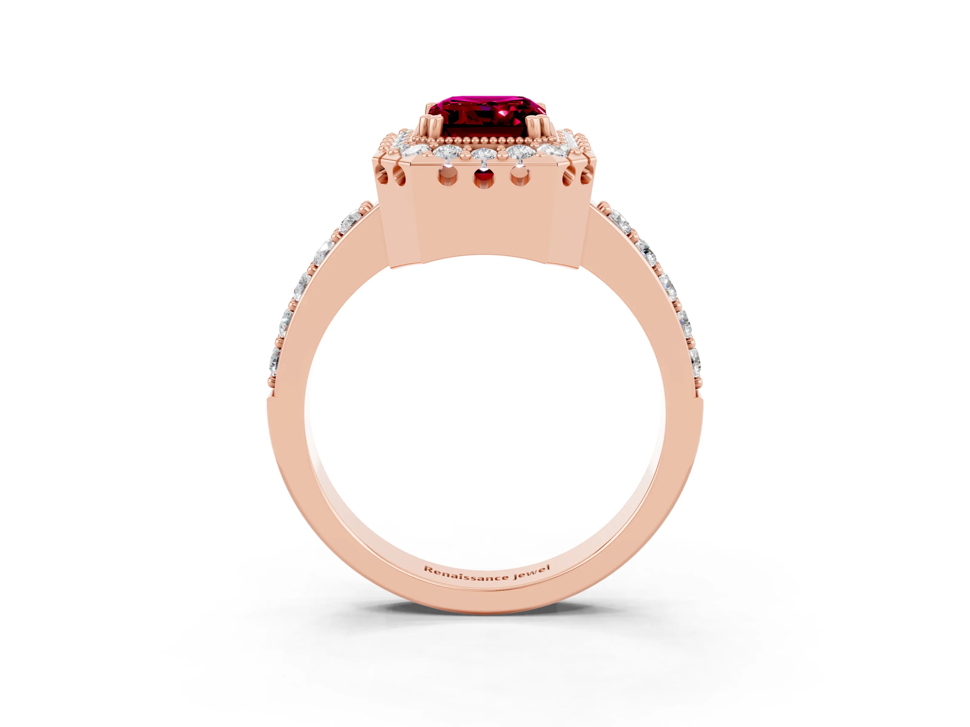 Rose gold Emerald Cut Diamond Halo Ring with Pavé Band and Prong Setting_3
