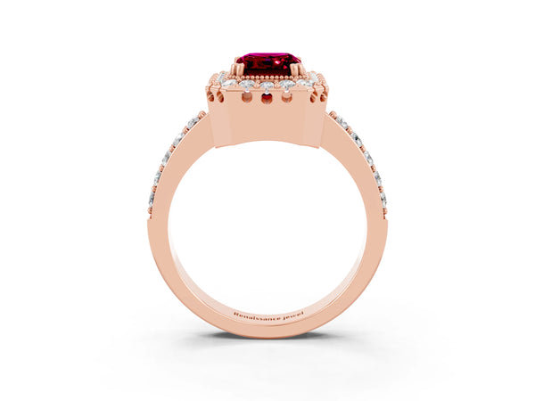 Rose gold Emerald Cut Garnet Halo Ring with Pavé Band and Prong Setting