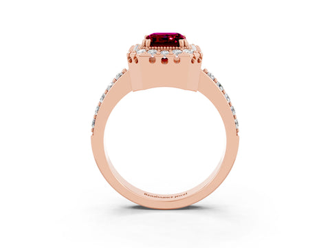 Rose gold Emerald Cut Diamond Halo Ring with Pavé Band and Prong Setting_3
