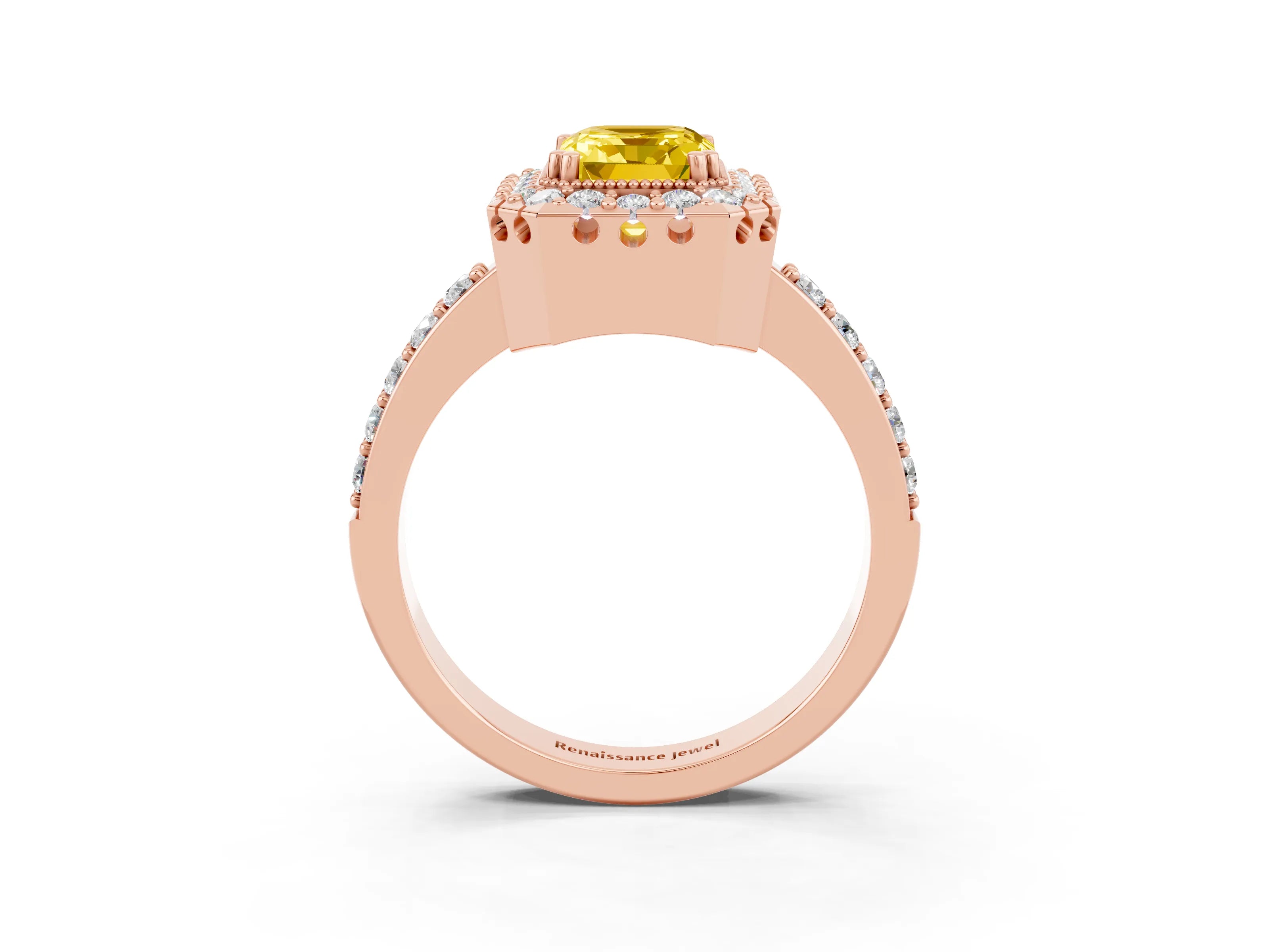 Rose gold Emerald Cut Diamond Halo Ring with Pavé Band and Prong Setting_3