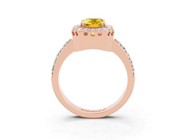Rose gold Emerald Cut Yellow Sapphire Halo Ring with Pavé Band and Prong Setting