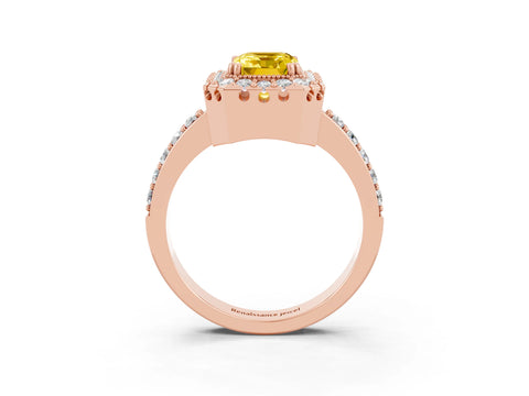 Rose gold Emerald Cut Diamond Halo Ring with Pavé Band and Prong Setting_3
