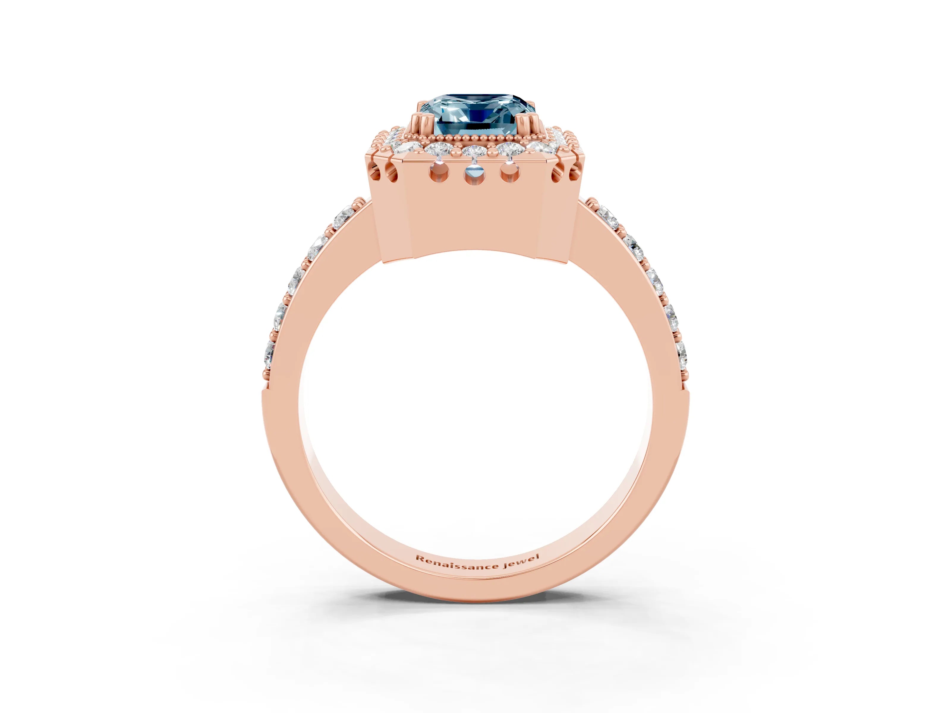 Rose gold Emerald Cut Diamond Halo Ring with Pavé Band and Prong Setting_3