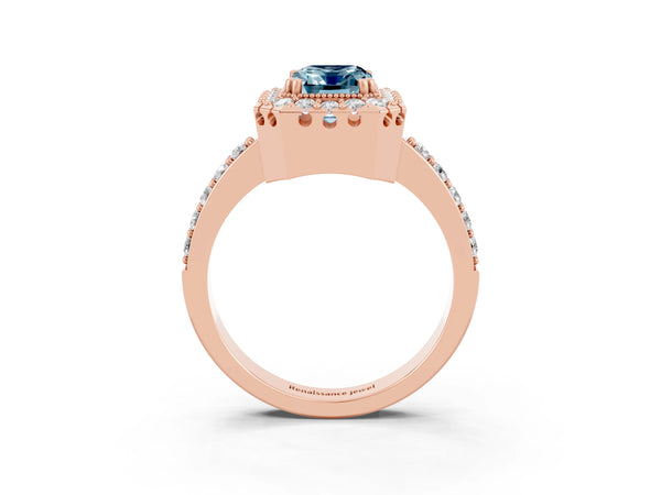 Rose gold Emerald Cut Aquamarine Halo Ring with Pavé Band and Prong Setting