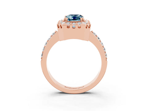 Rose gold Emerald Cut Diamond Halo Ring with Pavé Band and Prong Setting_3