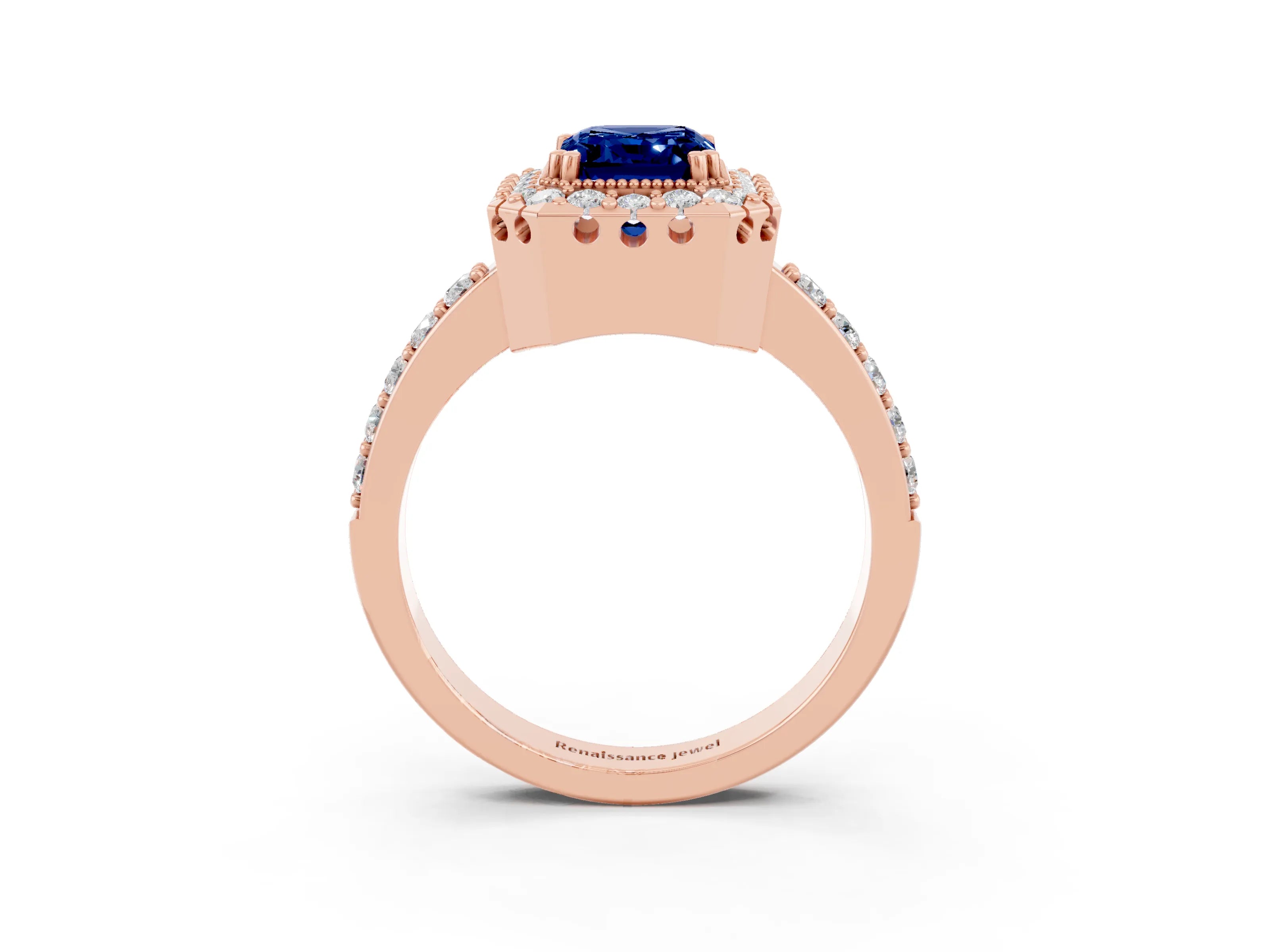 Rose gold Emerald Cut Diamond Halo Ring with Pavé Band and Prong Setting_3