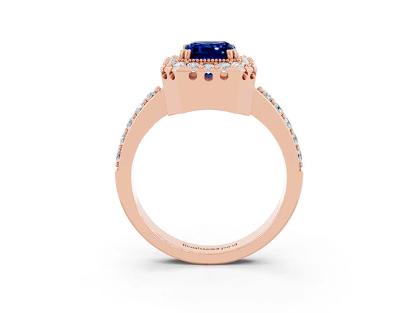 Rose gold Emerald Cut Blue Sapphire Halo Ring with Pavé Band and Prong Setting