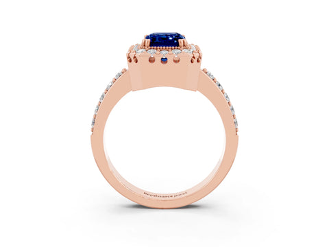 Rose gold Emerald Cut Diamond Halo Ring with Pavé Band and Prong Setting_3