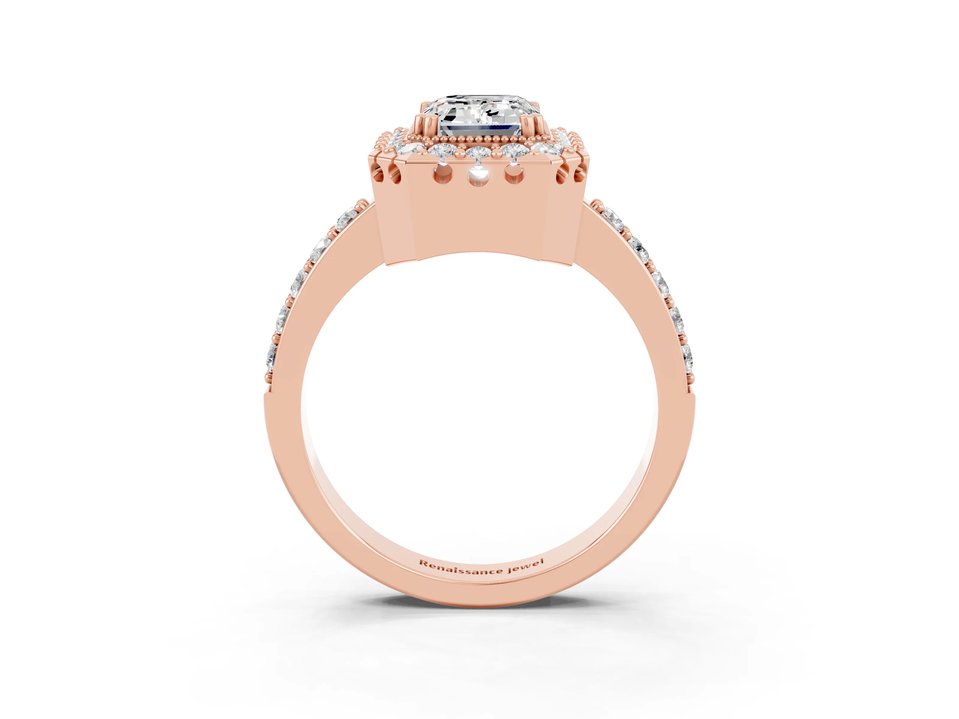 Rose gold Emerald Cut Diamond Halo Ring with Pavé Band and Prong Setting_3