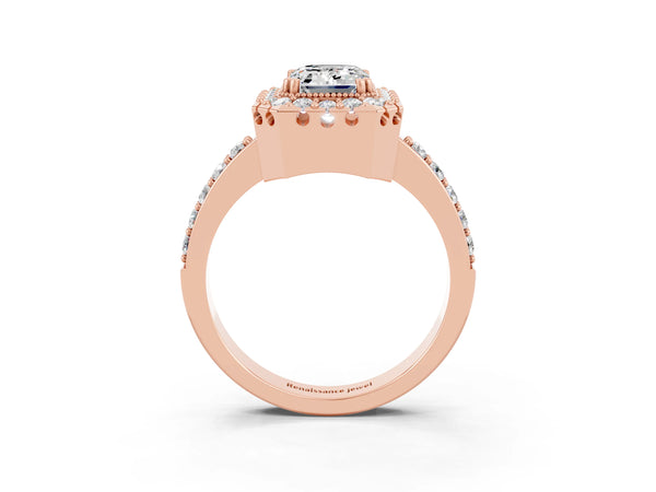 Rose gold Emerald Cut Moissanite Halo Ring with Pavé Band and Prong Setting