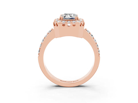 Rose gold Emerald Cut Diamond Halo Ring with Pavé Band and Prong Setting_3