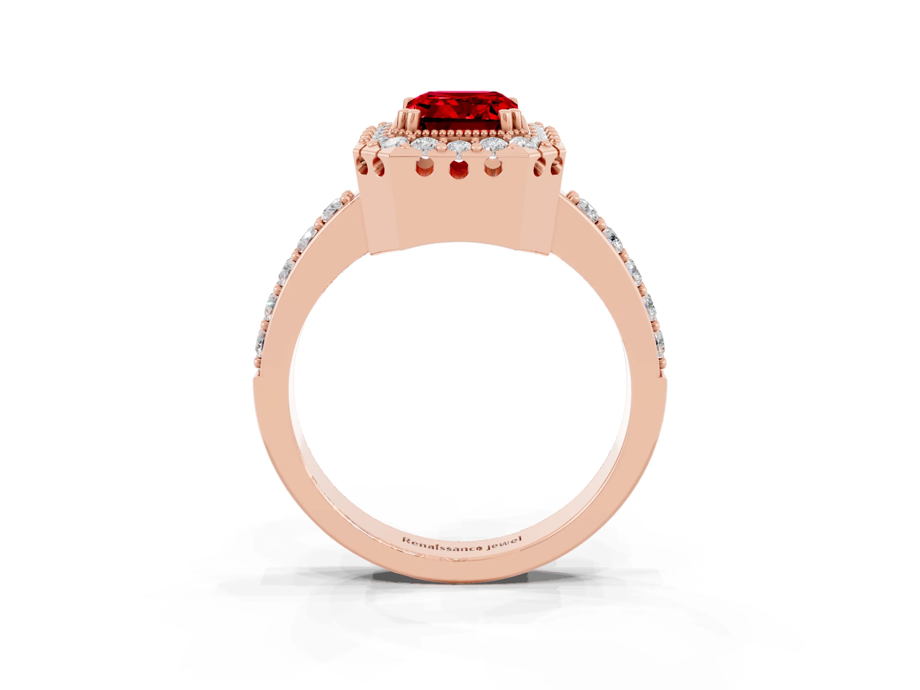 Rose gold Emerald Cut Diamond Halo Ring with Pavé Band and Prong Setting_3