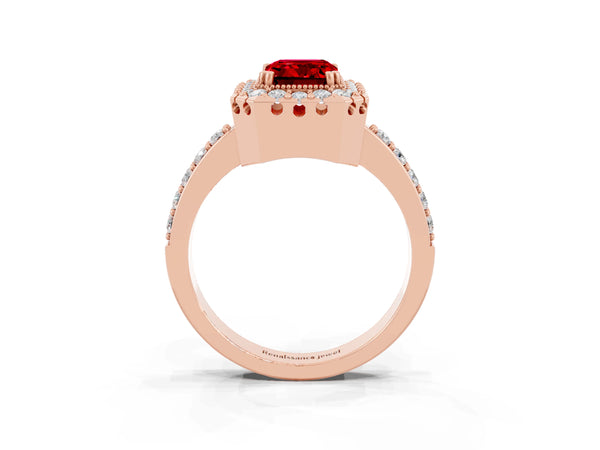 Rose gold Emerald Cut Ruby Halo Ring with Pavé Band and Prong Setting