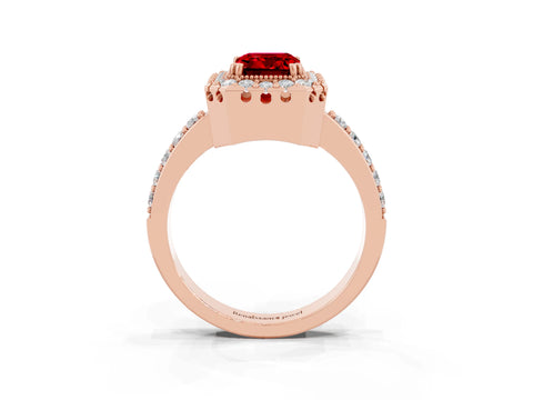Rose gold Emerald Cut Diamond Halo Ring with Pavé Band and Prong Setting_3