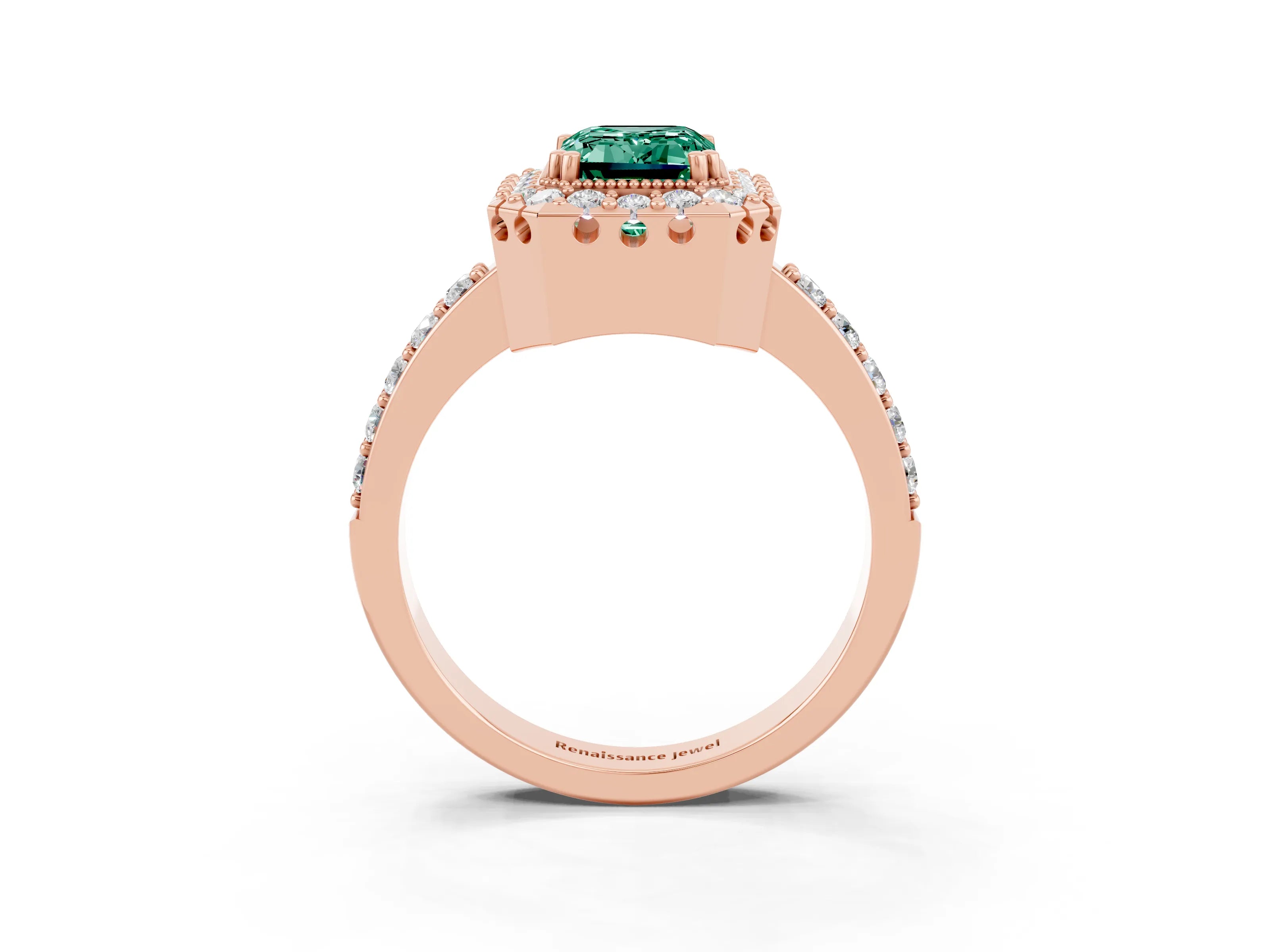Rose gold Emerald Cut Diamond Halo Ring with Pavé Band and Prong Setting_3