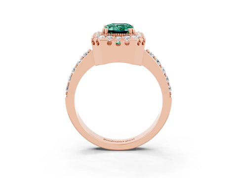 Rose gold Emerald Cut Diamond Halo Ring with Pavé Band and Prong Setting_3