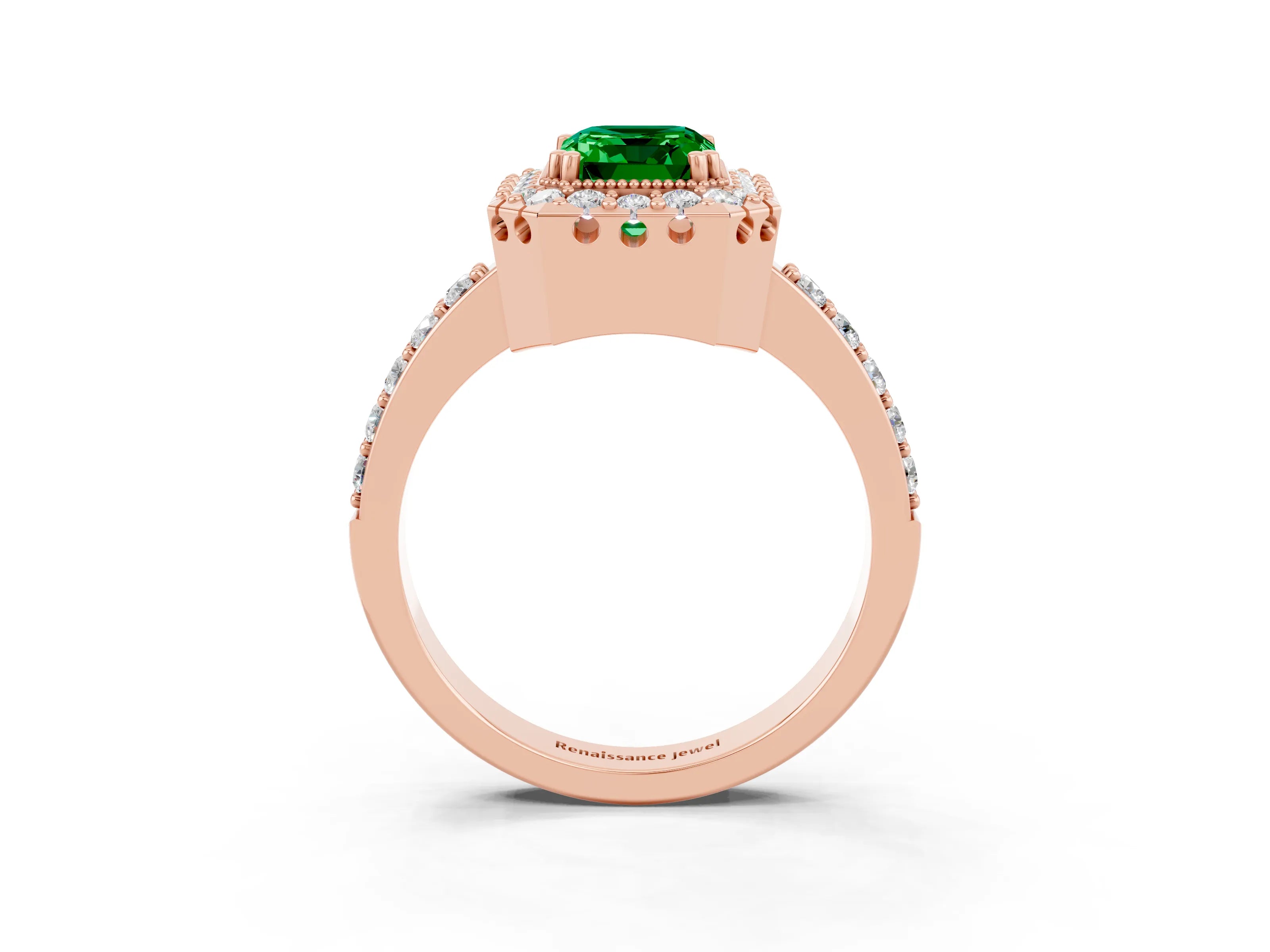 Rose gold Emerald Cut Diamond Halo Ring with Pavé Band and Prong Setting_3