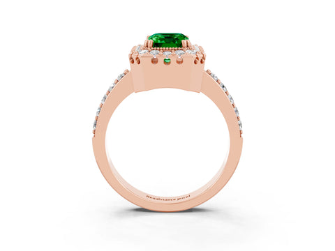 Rose gold Emerald Cut Diamond Halo Ring with Pavé Band and Prong Setting_3
