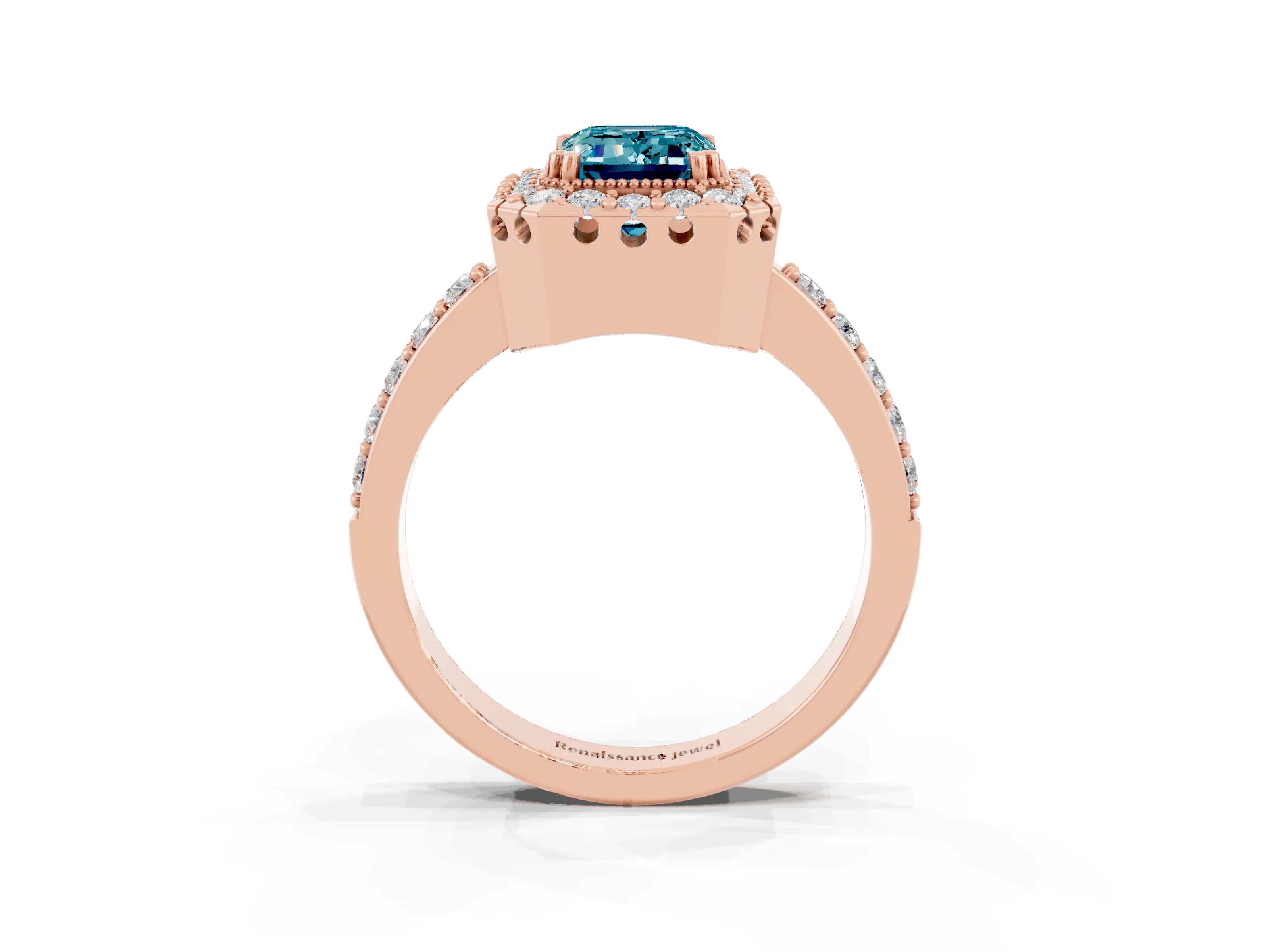 Rose gold Emerald Cut Diamond Halo Ring with Pavé Band and Prong Setting_3