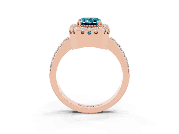 Rose gold Emerald Cut Blue Topaz Halo Ring with Pavé Band and Prong Setting