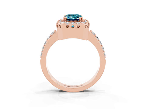 Rose gold Emerald Cut Diamond Halo Ring with Pavé Band and Prong Setting_3