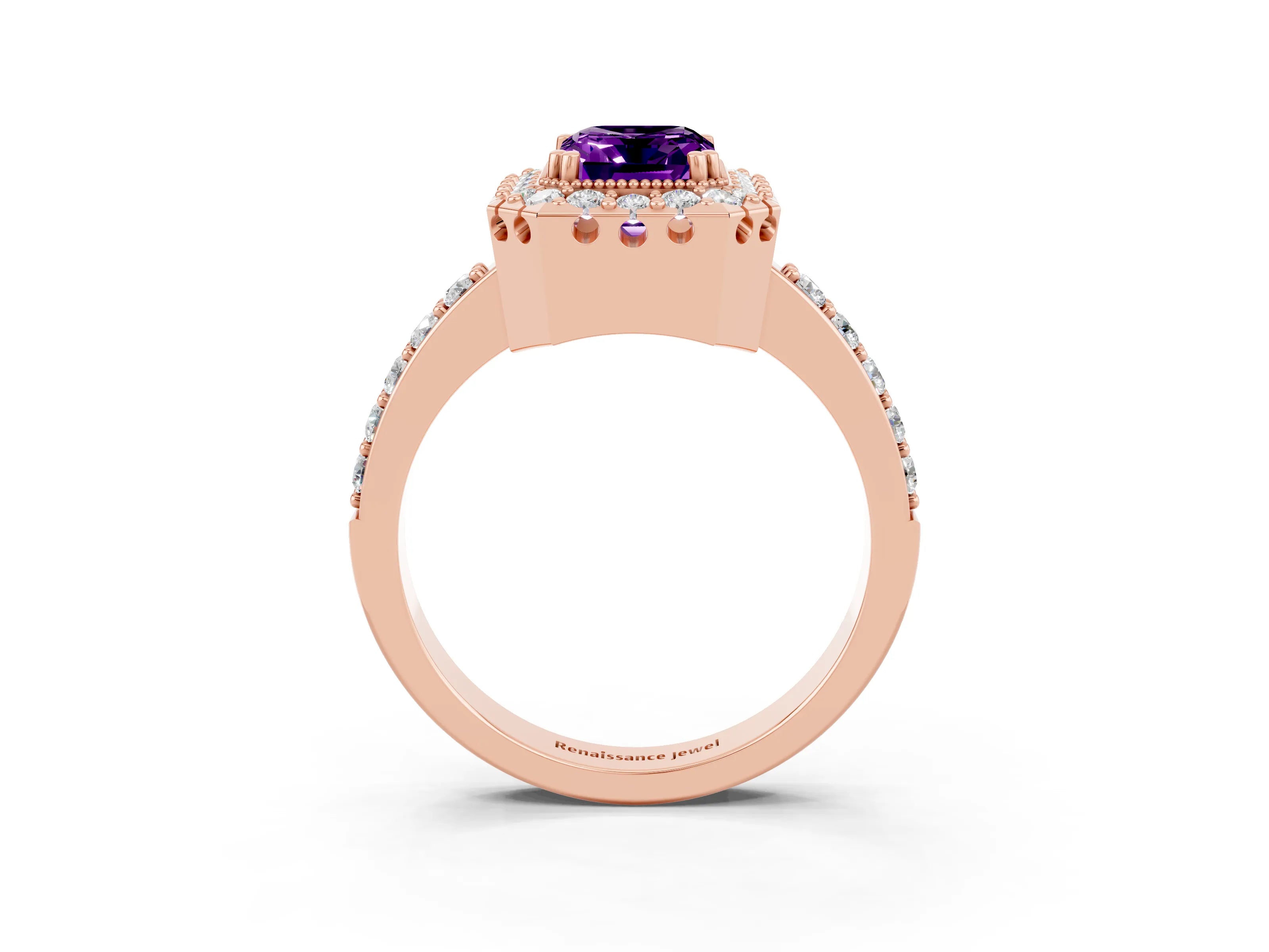 Rose gold Emerald Cut Diamond Halo Ring with Pavé Band and Prong Setting_3