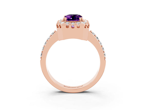 Rose gold Emerald Cut Amethyst Halo Ring with Pavé Band and Prong Setting