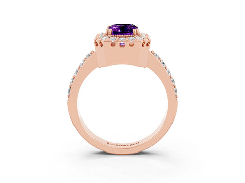 Rose gold Emerald Cut Diamond Halo Ring with Pavé Band and Prong Setting_3