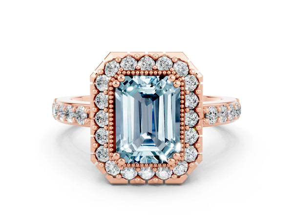 Rose gold Emerald Cut Aquamarine Halo Ring with Pavé Band and Prong Setting