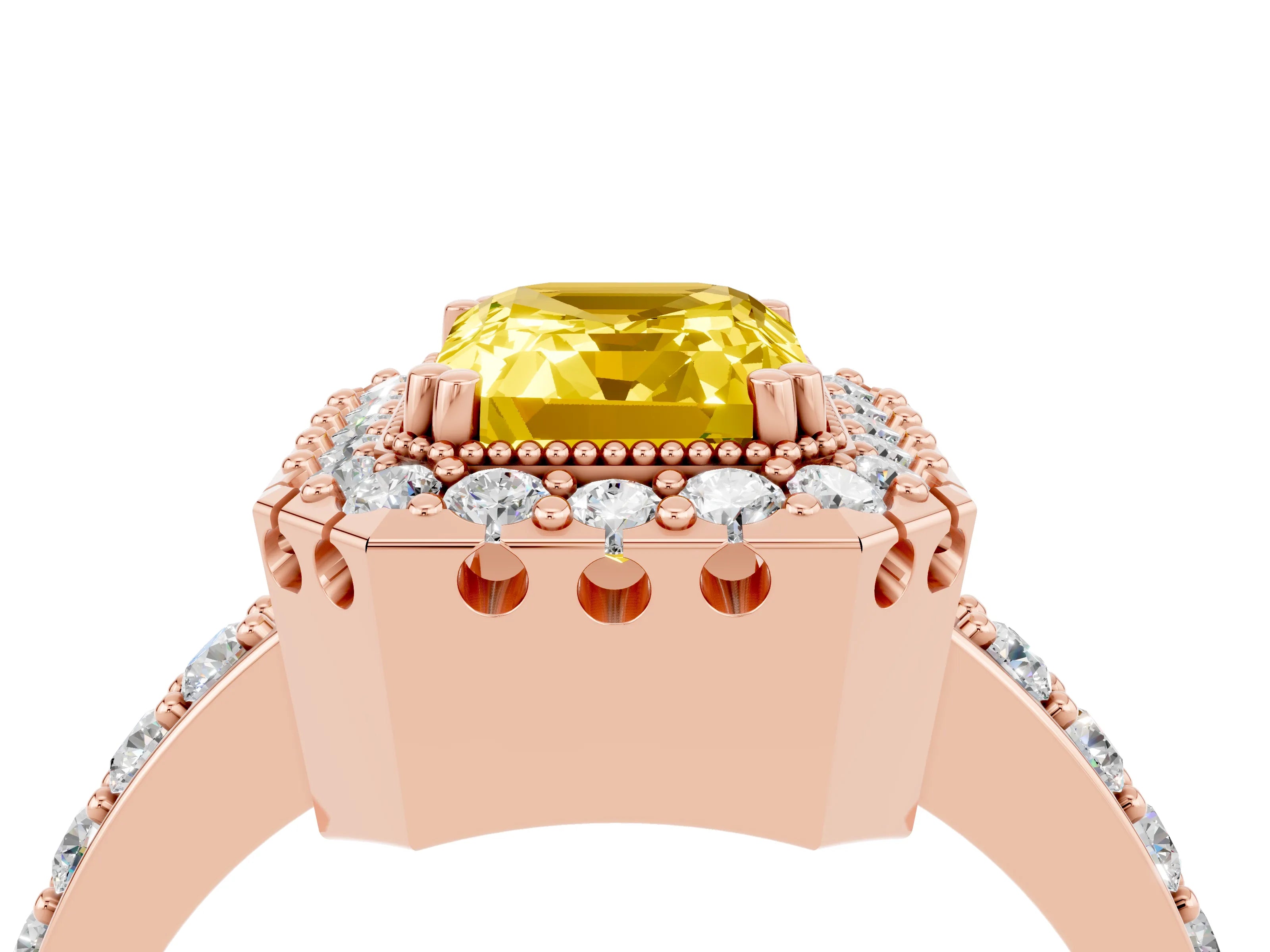Rose gold Emerald Cut Diamond Halo Ring with Pavé Band and Prong Setting_4