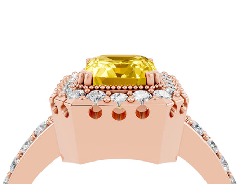 Rose gold Emerald Cut Diamond Halo Ring with Pavé Band and Prong Setting_4