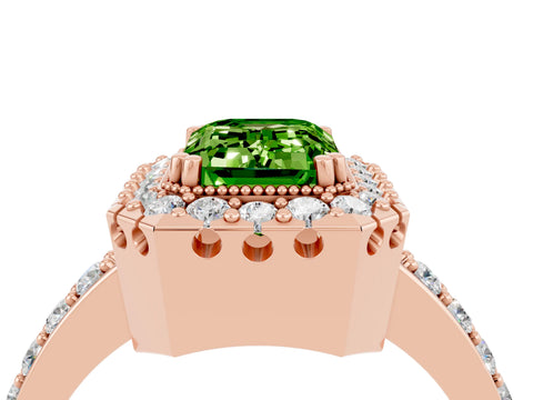 Rose gold Emerald Cut Diamond Halo Ring with Pavé Band and Prong Setting_4
