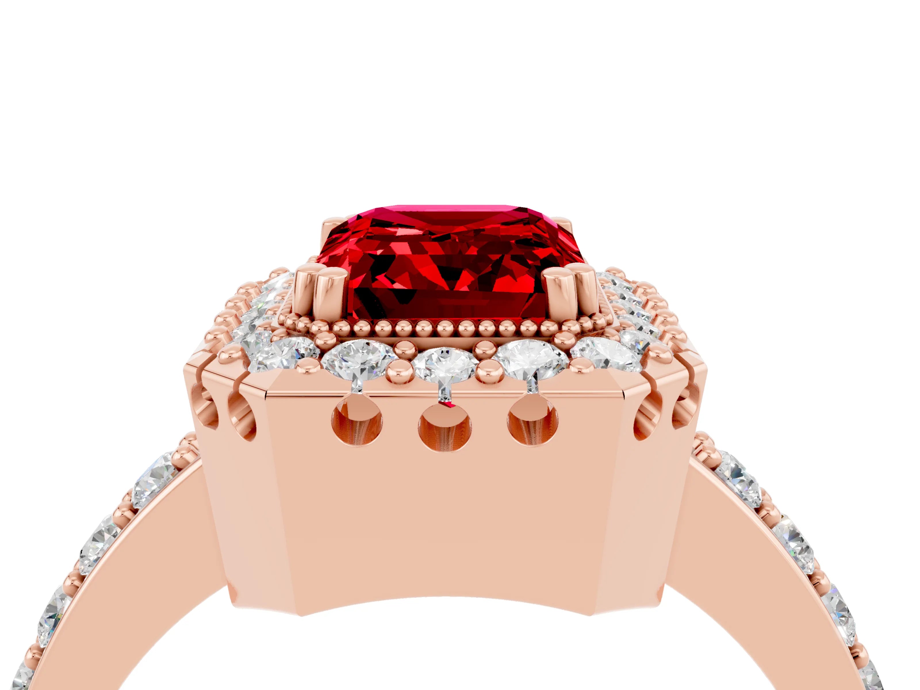 Rose gold Emerald Cut Diamond Halo Ring with Pavé Band and Prong Setting_4
