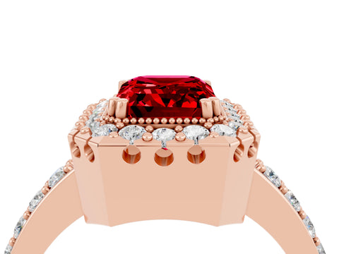 Rose gold Emerald Cut Diamond Halo Ring with Pavé Band and Prong Setting_4